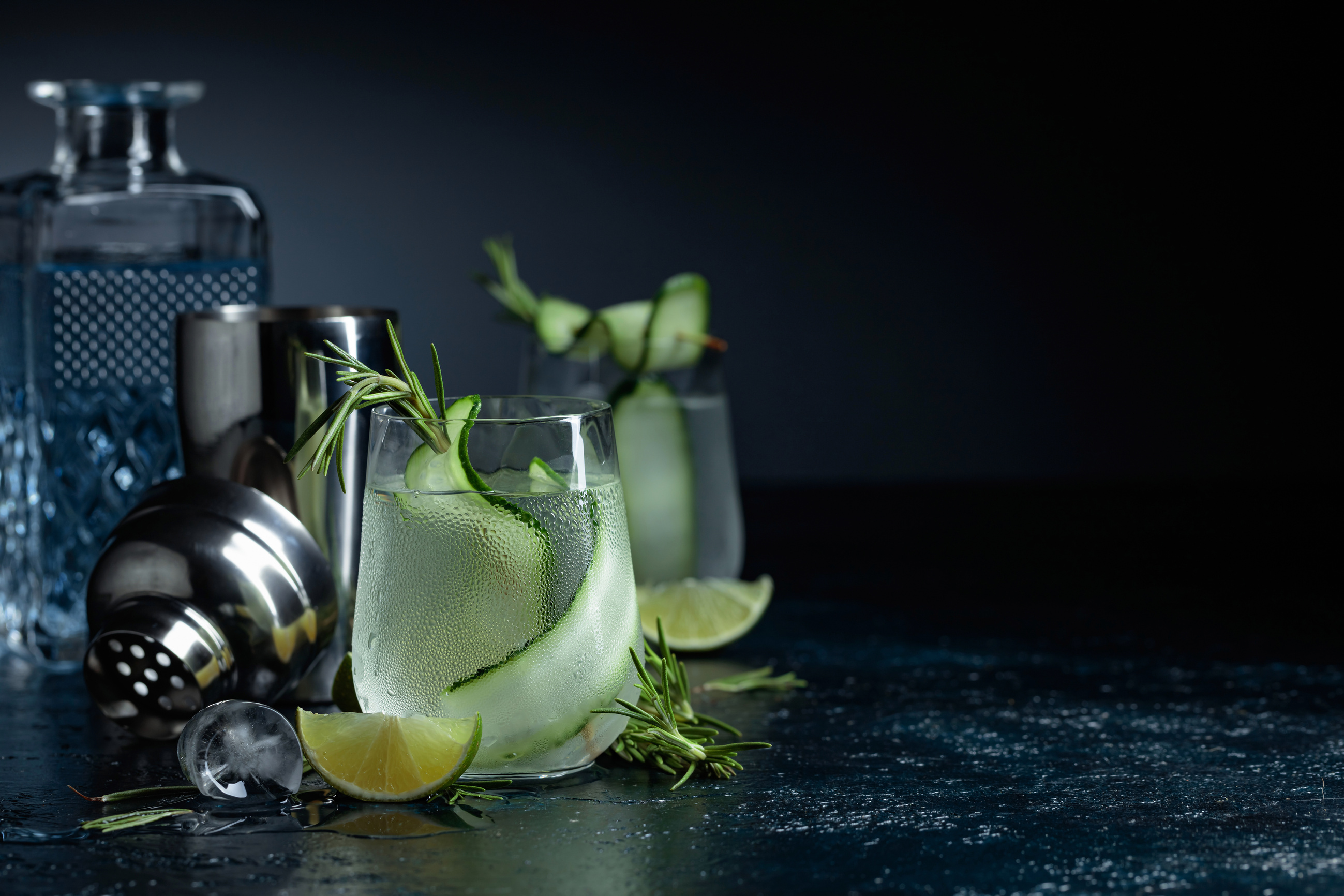 Gin tonic with rosemary, lime and cucumber in frosted glass.